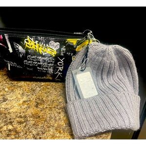DKNY grey beanie hat with pouch